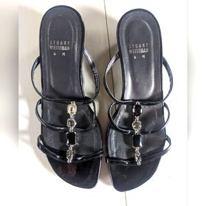 Stuart Weitzman Jeweled Black Patent Leather Heeled Sandals | 8M